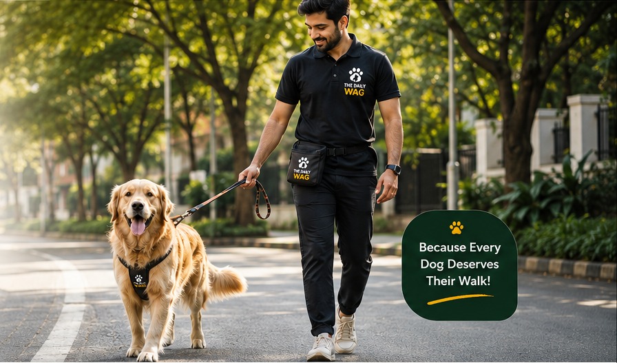 Professional male dog walker walking a golden retriever in Pune